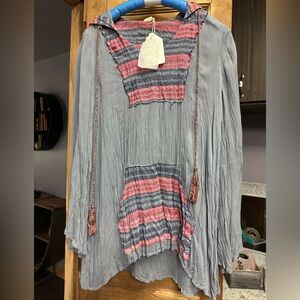 Hyku boho hippy bell sleeve retro hoodie slate blue pullover hooded small NWT